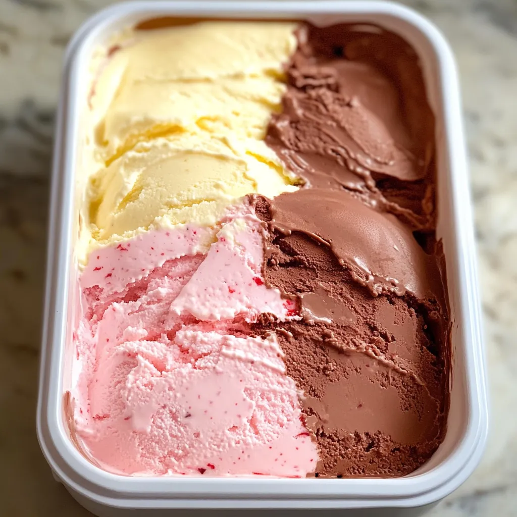 Helado napolitano casero con capas de vainilla, chocolate y fresa en un molde rectangular