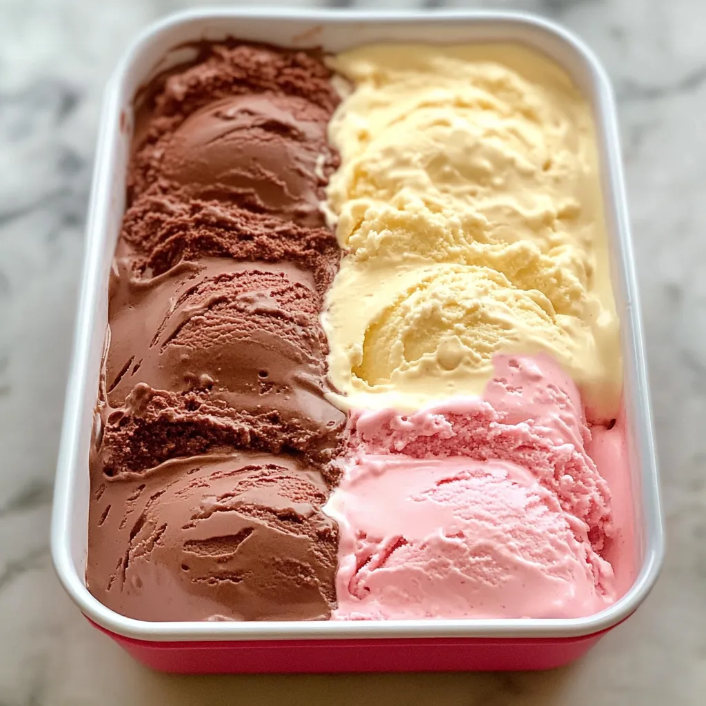 Helado napolitano casero con capas de vainilla, chocolate y fresa en un molde rectangular