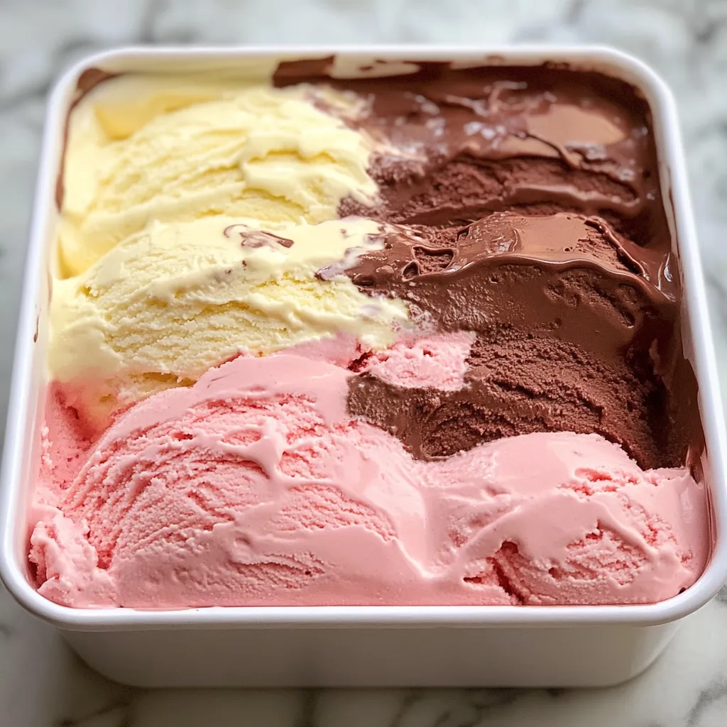 Helado napolitano casero con capas de vainilla, chocolate y fresa en un molde rectangular
