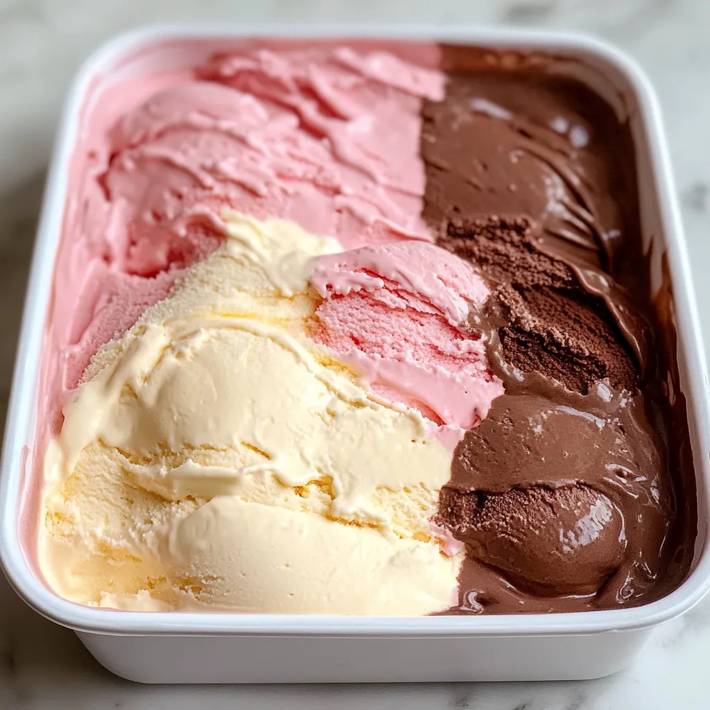 Helado napolitano casero con capas de vainilla, chocolate y fresa en un molde rectangular