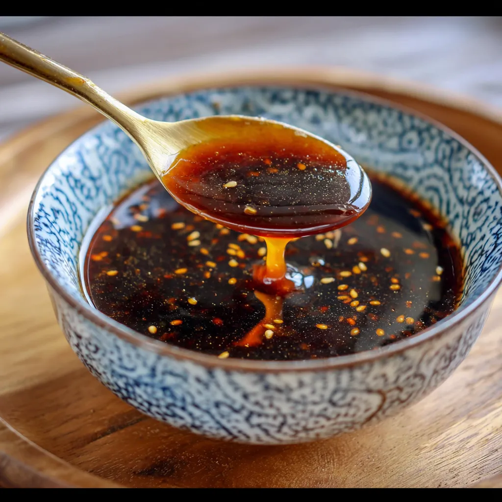 Salsa teriyaki casera servida en un pequeño tazón de cerámica