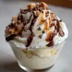 Helado casero cremoso servido en un bol con frutas y galletas