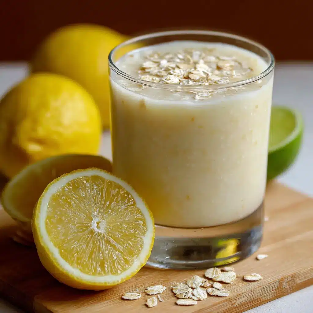 Vaso de jugo de limón con avena servido frío con rodajas de limón y hielo