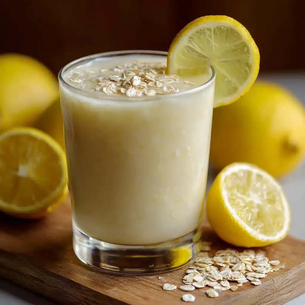 Vaso de jugo de limón con avena servido frío con rodajas de limón y hielo