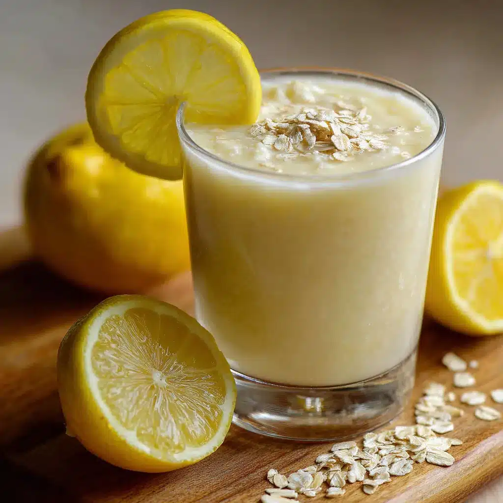 Vaso de jugo de limón con avena servido frío con rodajas de limón y hielo