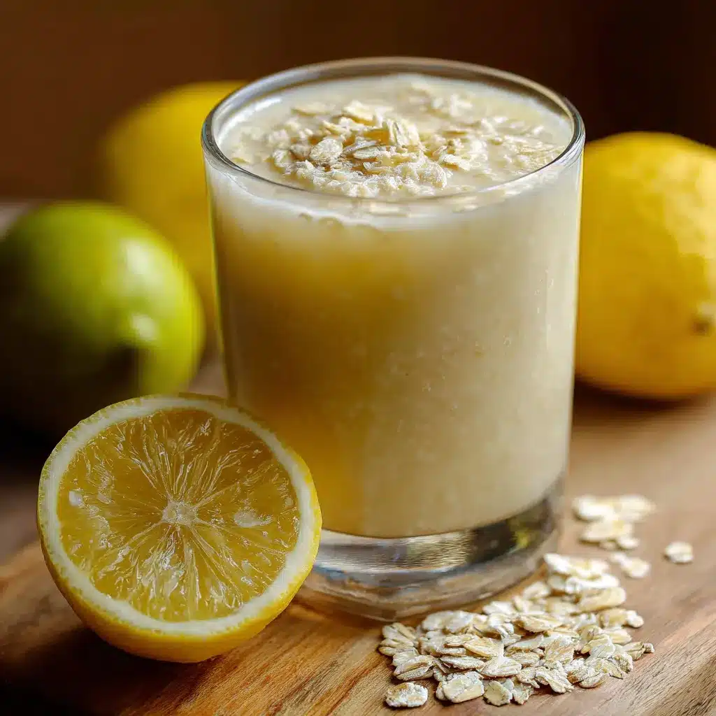 Vaso de jugo de limón con avena servido frío con rodajas de limón y hielo