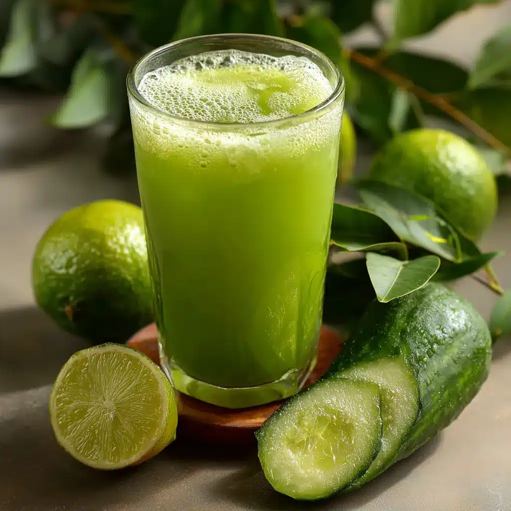 Jugo de pepino y hojas de curry servido en vaso con cubos de hielo y rodaja de pepino