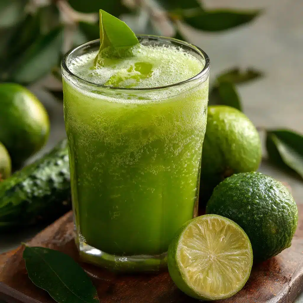 Jugo de pepino y hojas de curry servido en vaso con cubos de hielo y rodaja de pepino