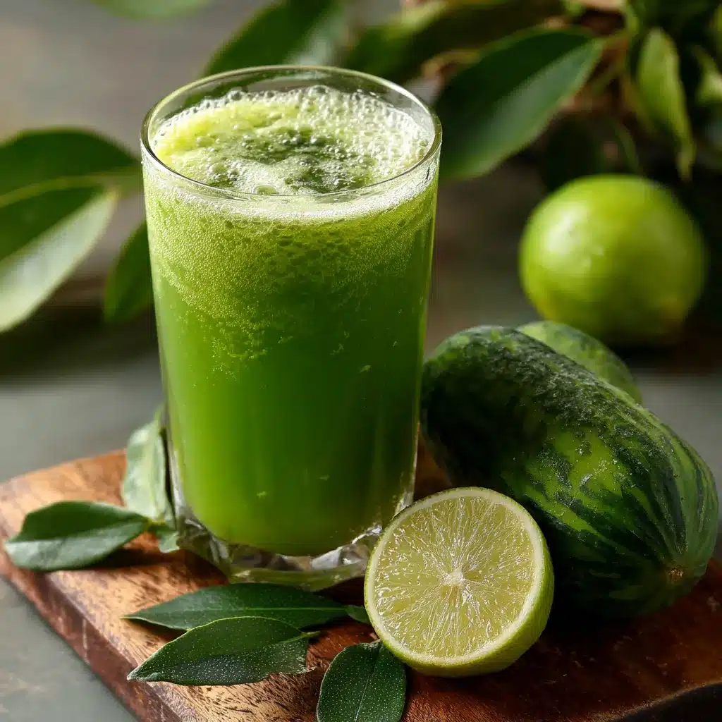 Jugo de pepino y hojas de curry servido en vaso con cubos de hielo y rodaja de pepino