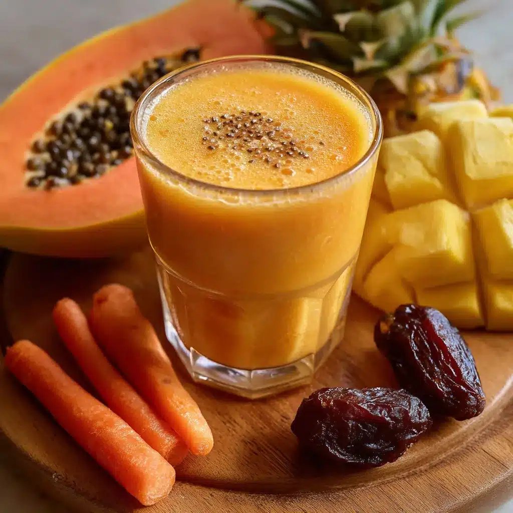 Vaso de jugo natural para los triglicéridos con papaya, piña y zanahoria sobre una mesa de madera.