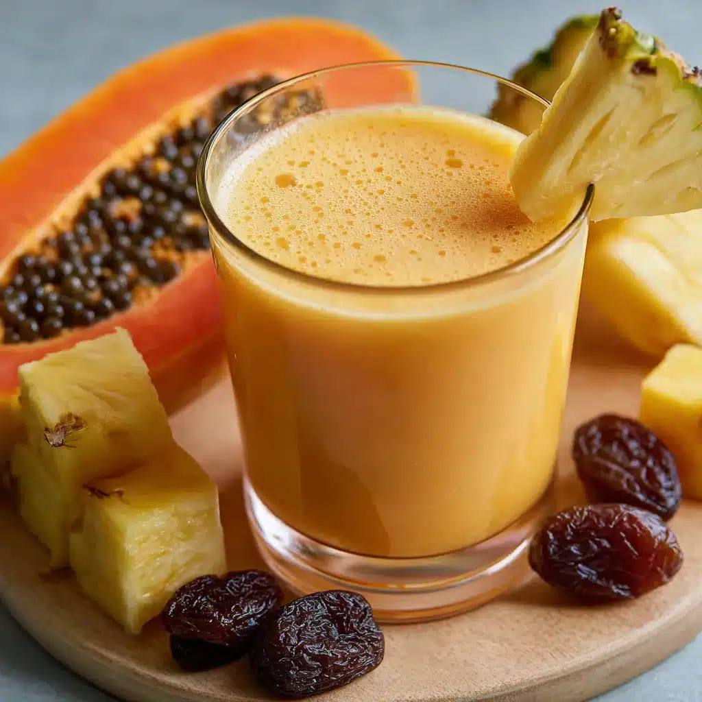 Vaso de jugo natural para los triglicéridos con papaya, piña y zanahoria sobre una mesa de madera.