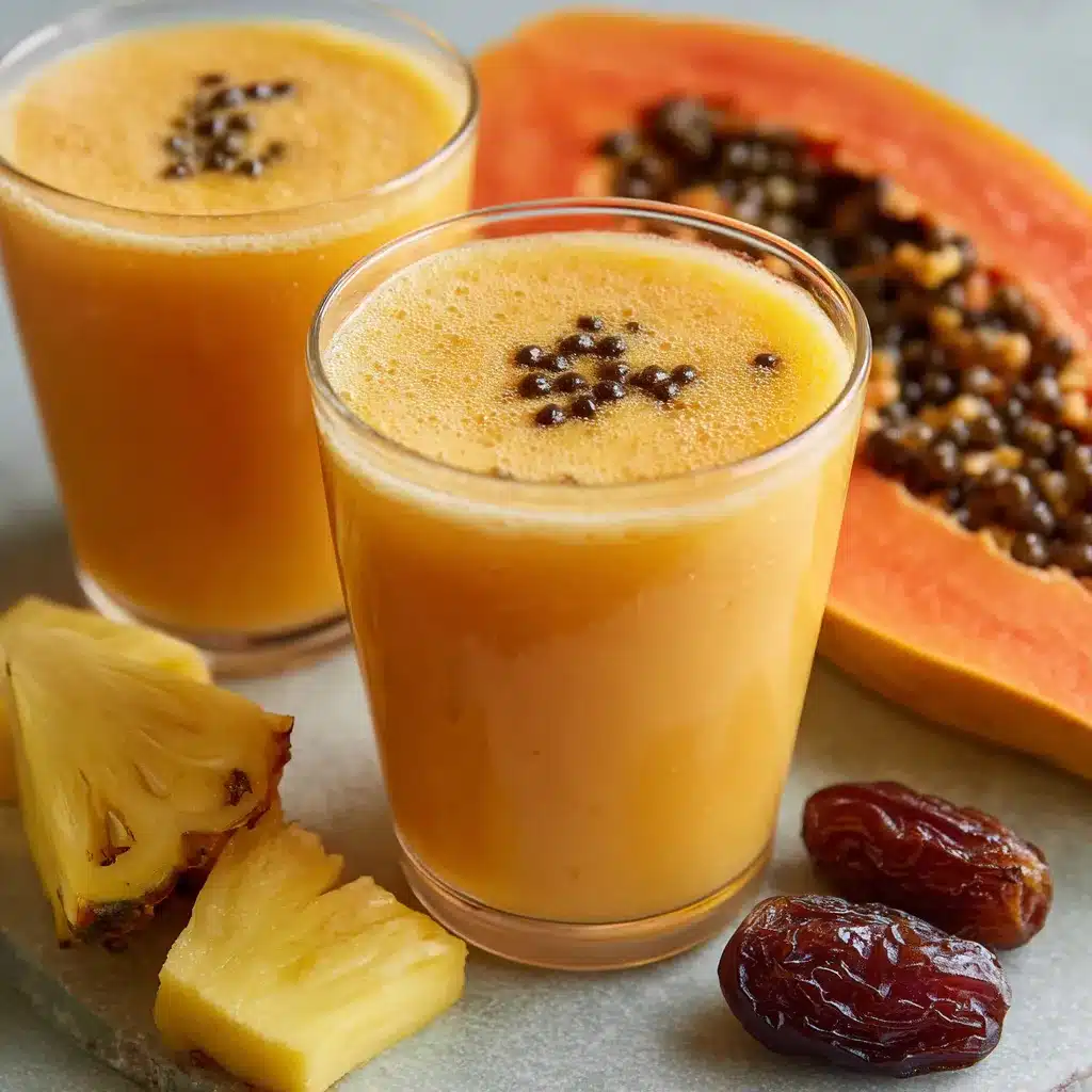 Vaso de jugo natural para los triglicéridos con papaya, piña y zanahoria sobre una mesa de madera.