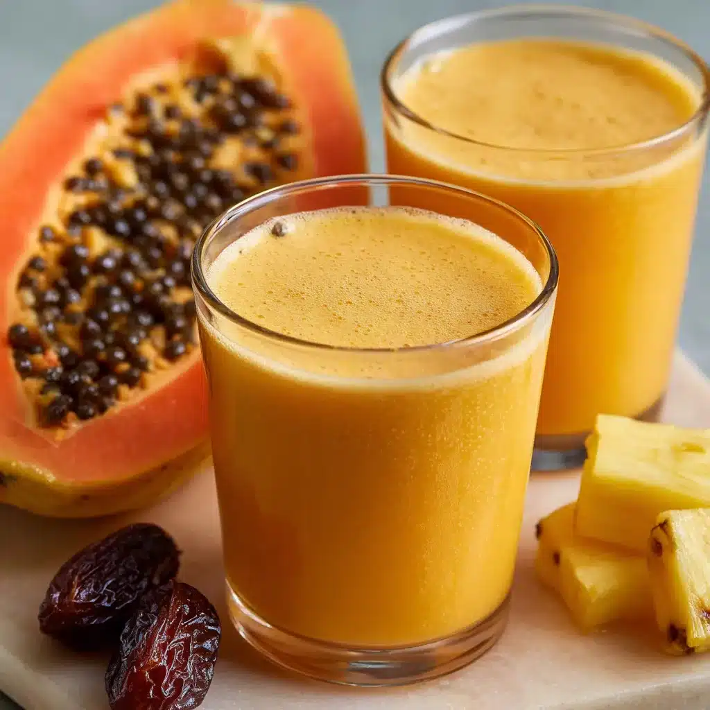 Vaso de jugo natural para los triglicéridos con papaya, piña y zanahoria sobre una mesa de madera.