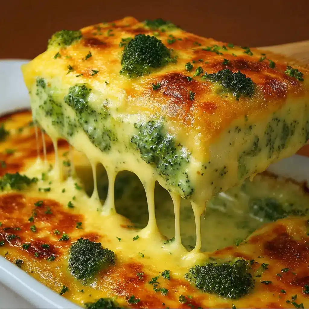 Lasaña cremosa de brócoli recién horneada con queso dorado en la parte superior