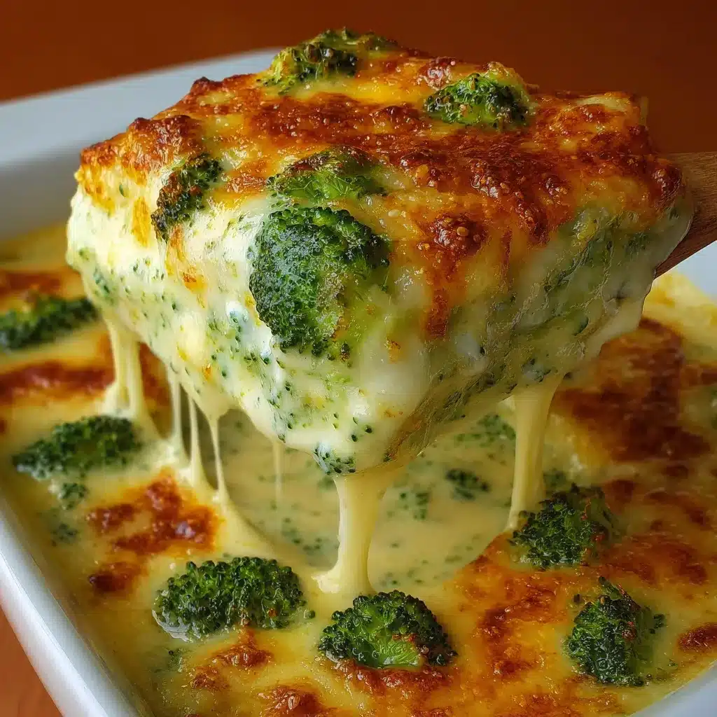 Lasaña cremosa de brócoli recién horneada con queso dorado en la parte superior