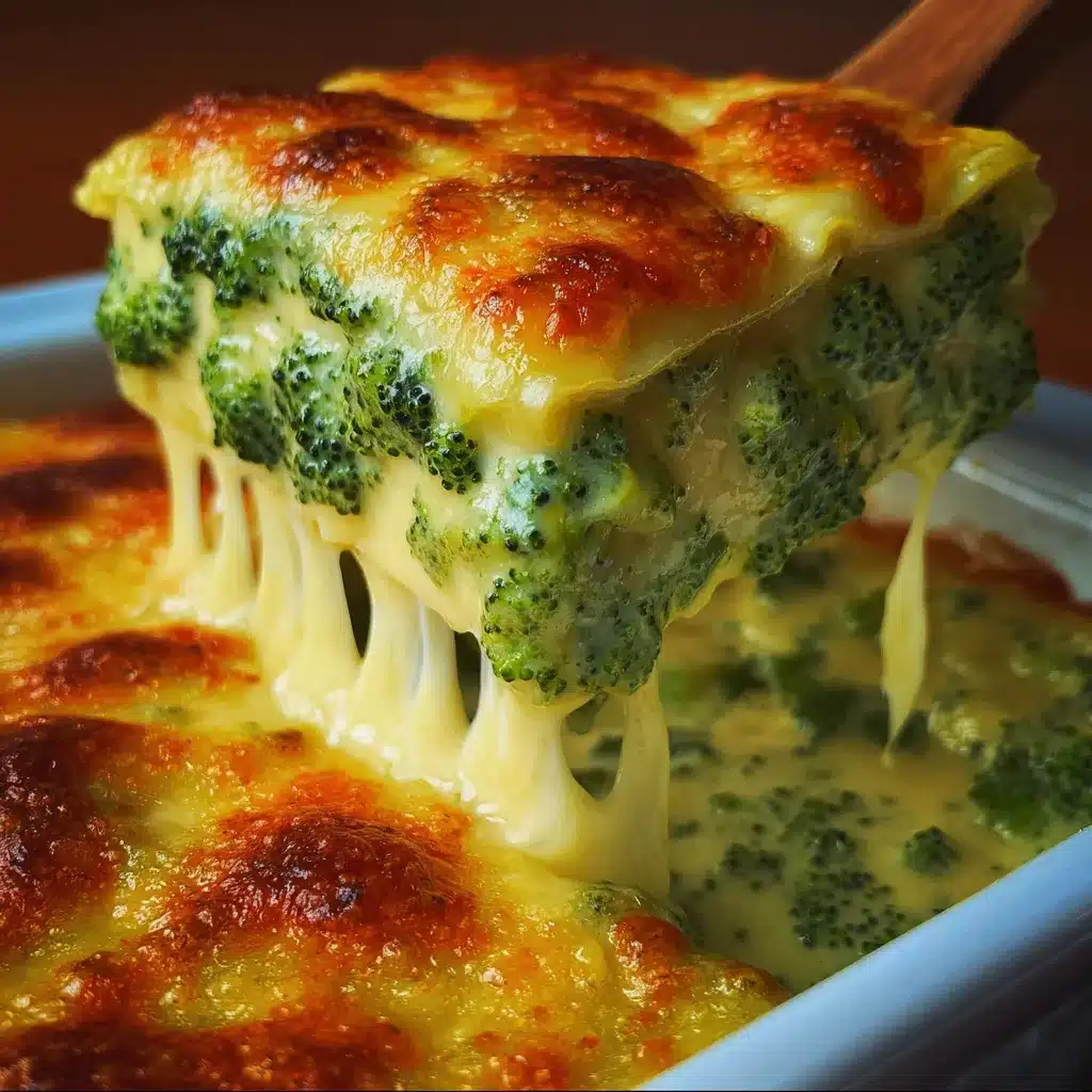 Lasaña cremosa de brócoli recién horneada con queso dorado en la parte superior