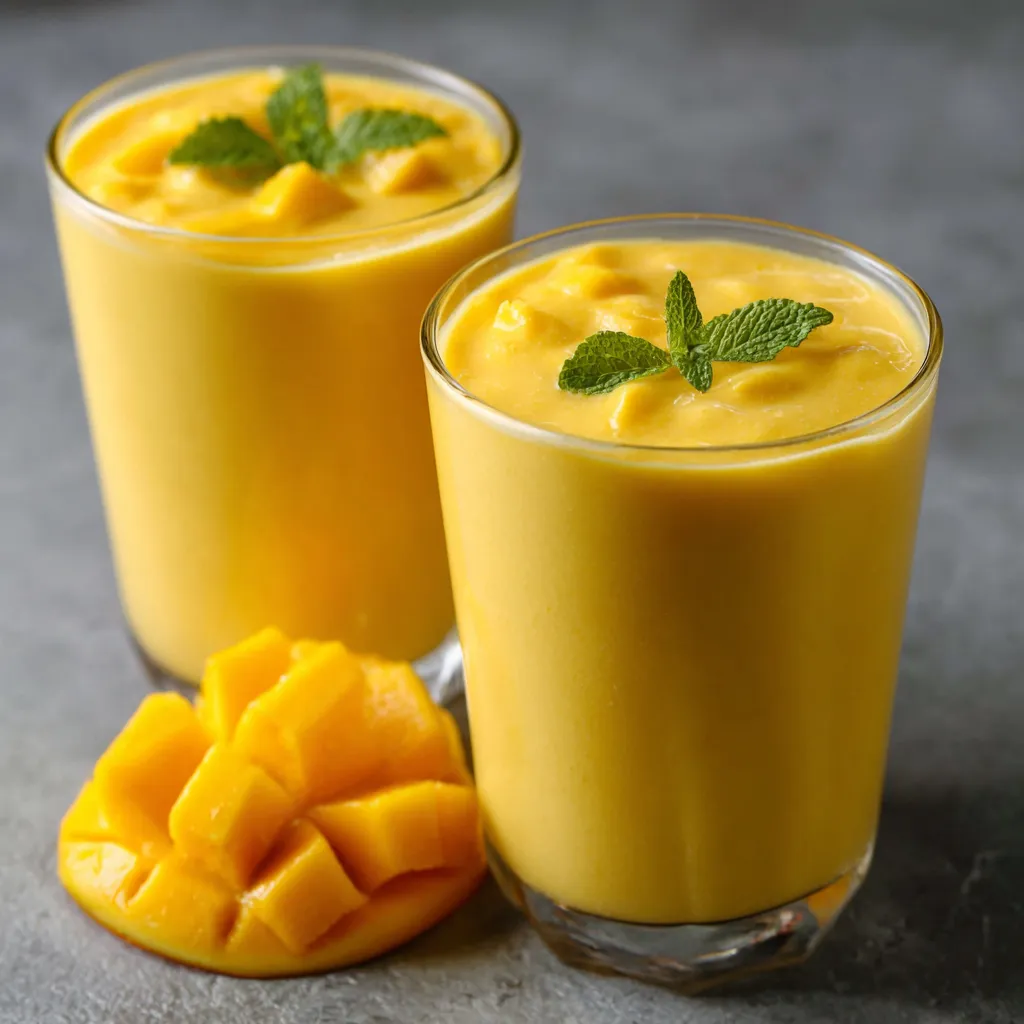 Lassi de mango servido en vaso frío con hojas de menta y espolvoreado con cardamomo