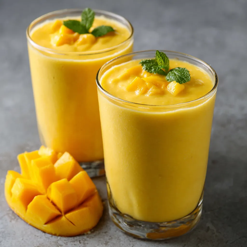 Lassi de mango servido en vaso frío con hojas de menta y espolvoreado con cardamomo