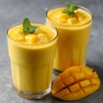 Lassi de mango servido en vaso frío con hojas de menta y espolvoreado con cardamomo