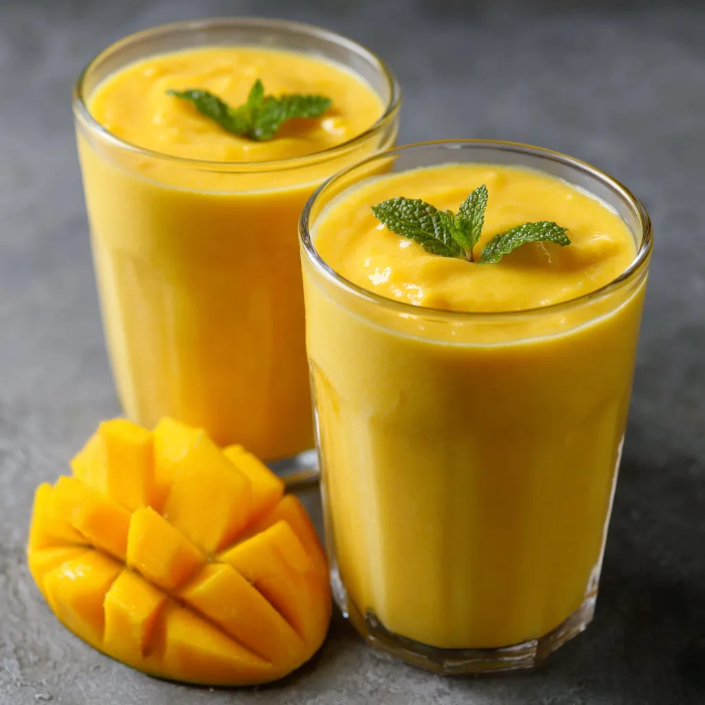 Lassi de mango servido en vaso frío con hojas de menta y espolvoreado con cardamomo