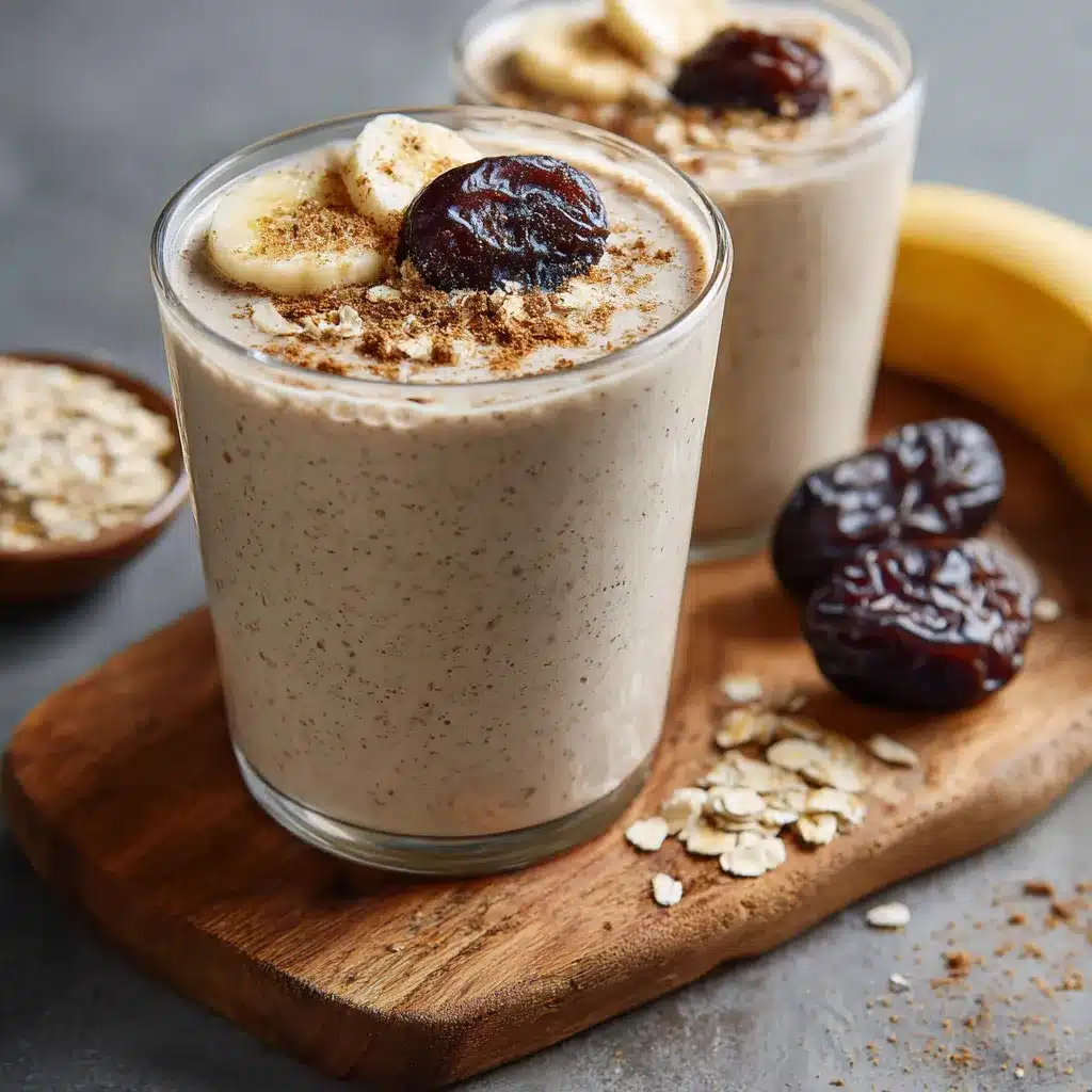 Licuado de ciruelas pasas con avena servido en vaso sobre mesa rústica, acompañado de ingredientes naturales