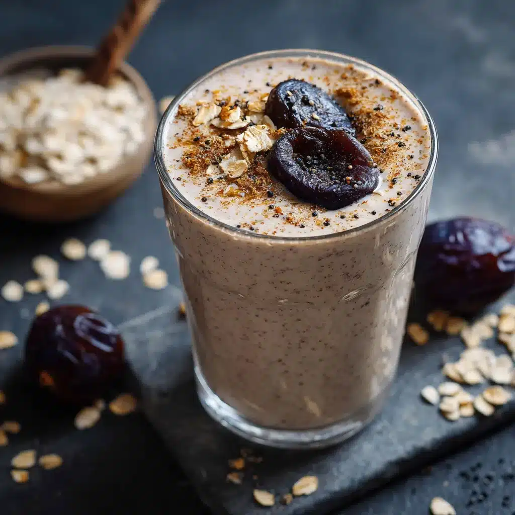Licuado de ciruelas pasas con avena servido en vaso sobre mesa rústica, acompañado de ingredientes naturales