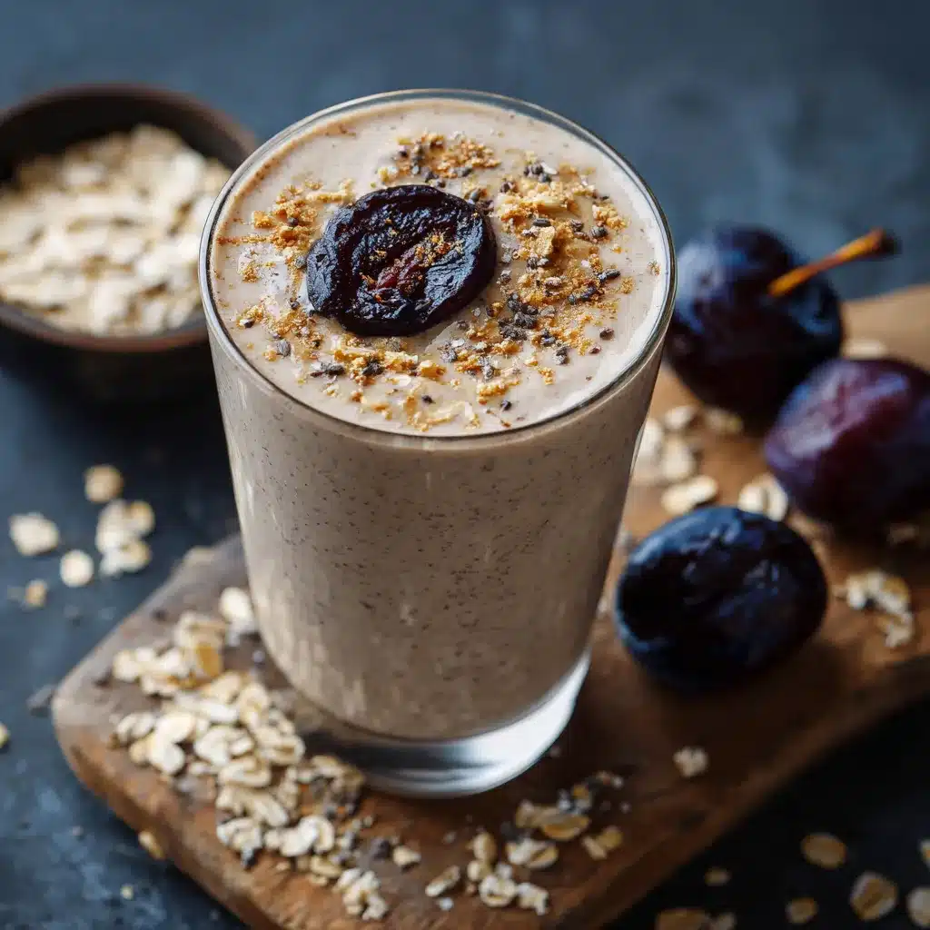 Licuado de ciruelas pasas con avena servido en vaso sobre mesa rústica, acompañado de ingredientes naturales