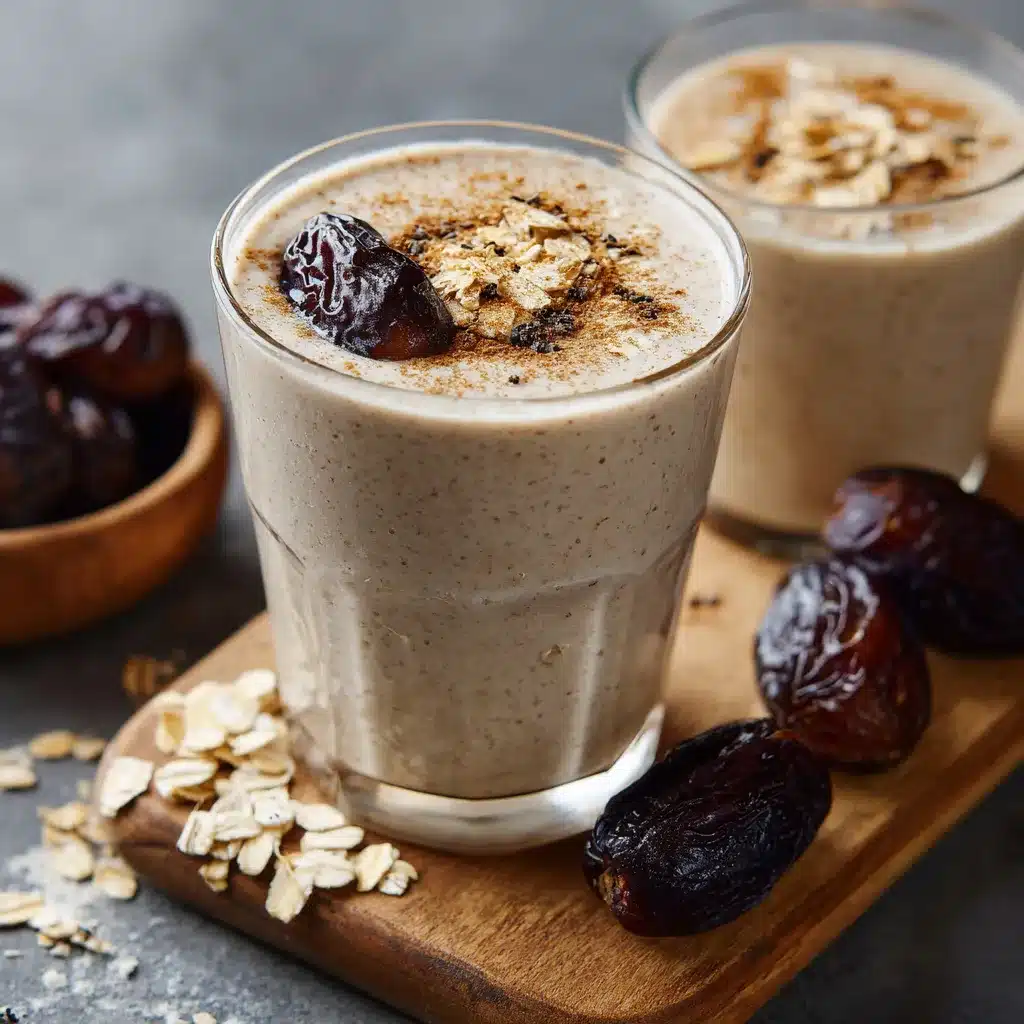 Licuado de ciruelas pasas con avena servido en vaso sobre mesa rústica, acompañado de ingredientes naturales