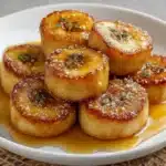 Medallones de plátano dorados servidos en plato blanco con azúcar espolvoreada