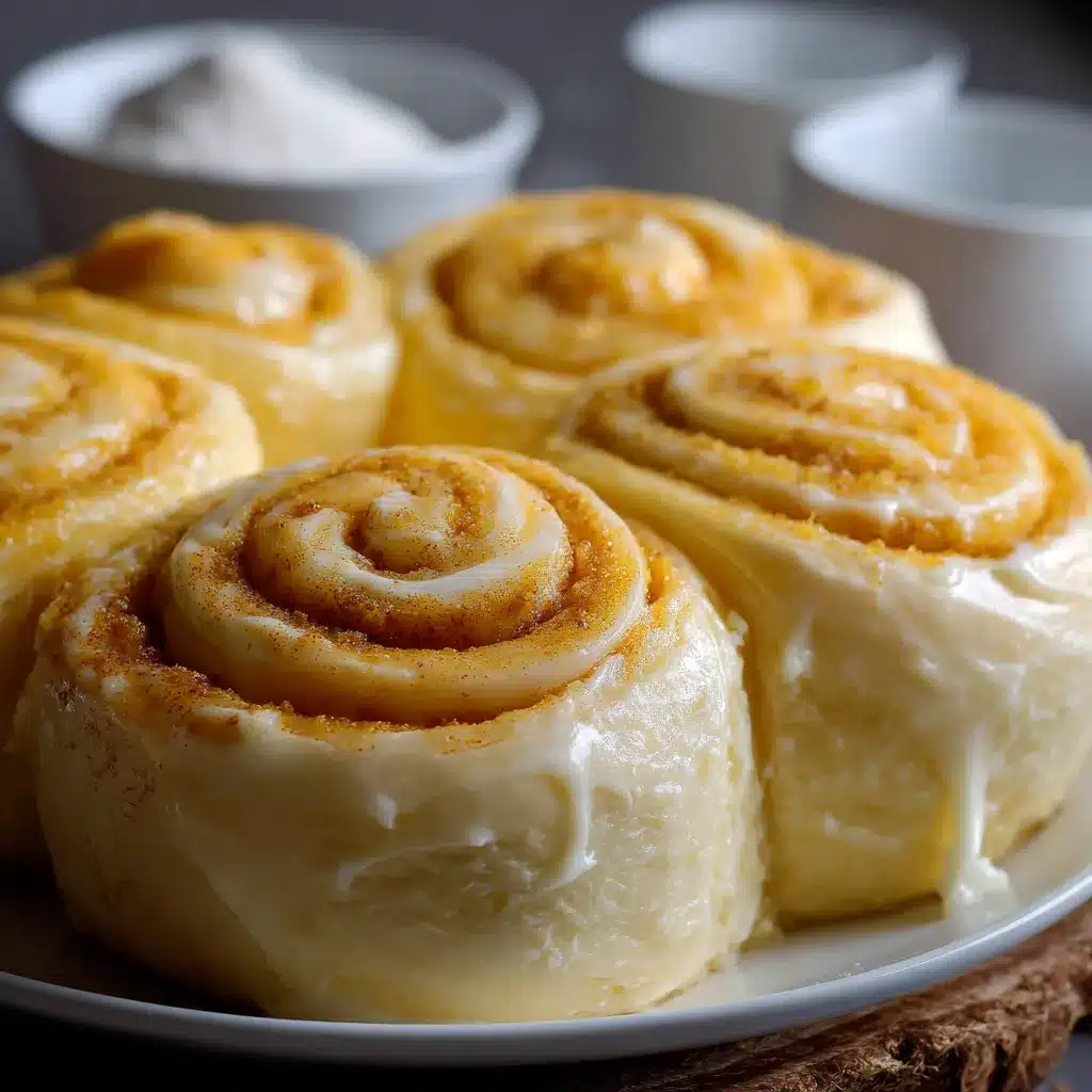 Rollos de canela caseros recién horneados con glaseado cremoso