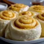 Rollos de canela caseros recién horneados con glaseado cremoso
