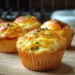 Muffins de huevo esponjosos recién horneados en molde con queso dorado por encima