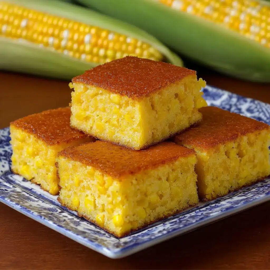 Pan de Elote casero recién horneado, esponjoso y dorado, servido en una bandeja de madera.