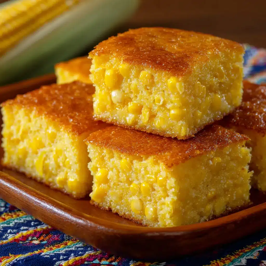 Pan de Elote casero recién horneado, esponjoso y dorado, servido en una bandeja de madera.