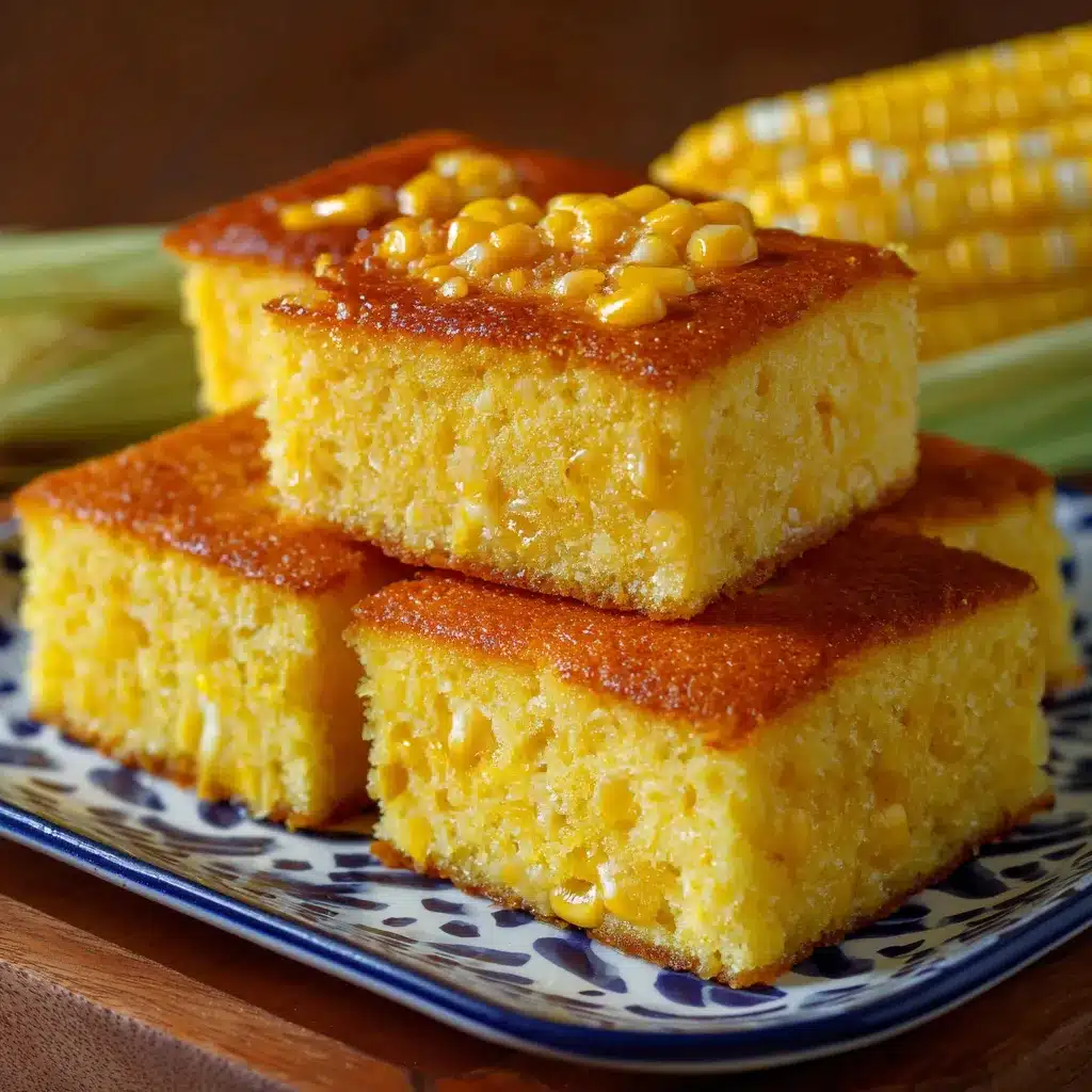 Pan de Elote casero recién horneado, esponjoso y dorado, servido en una bandeja de madera.