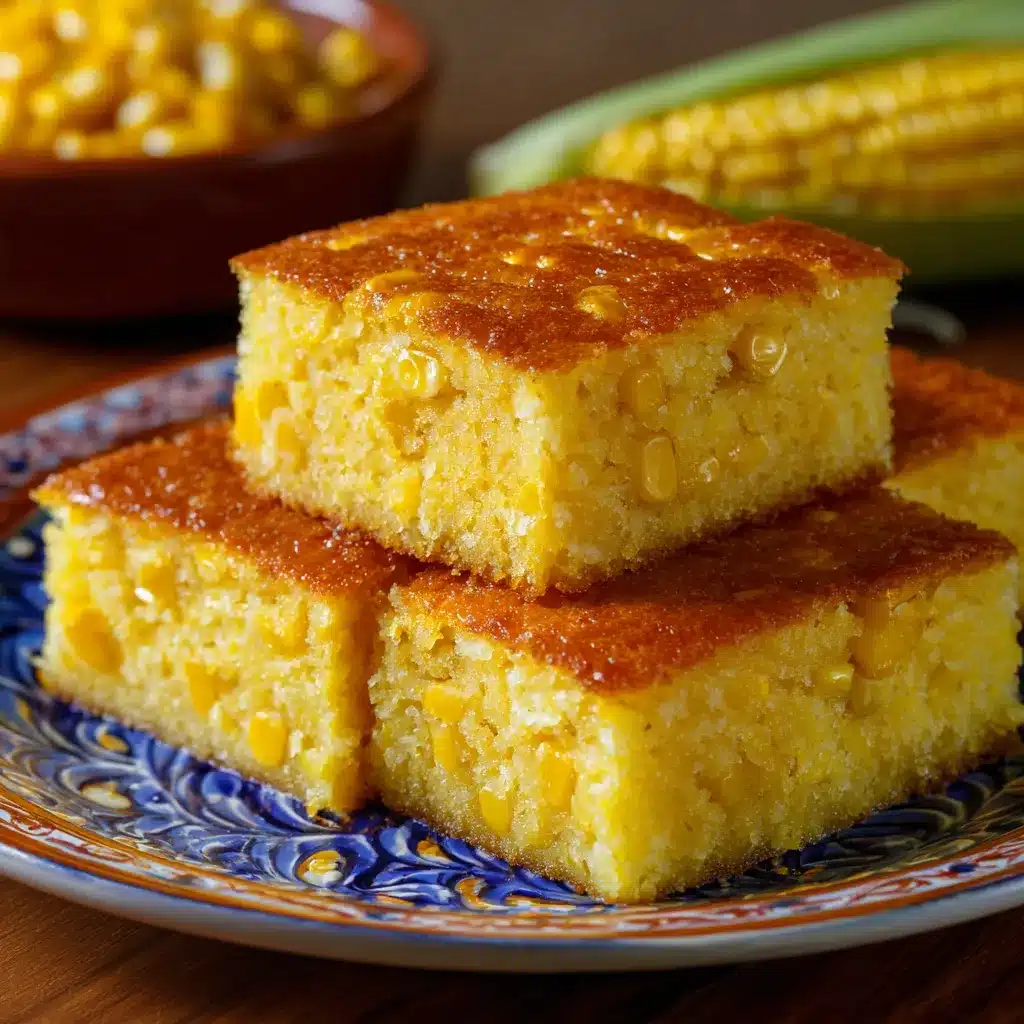 Pan de Elote casero recién horneado, esponjoso y dorado, servido en una bandeja de madera.
