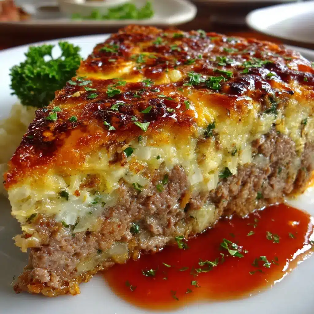 Pastel de carne jugoso recién horneado en un molde con salsa de tomate por encima
