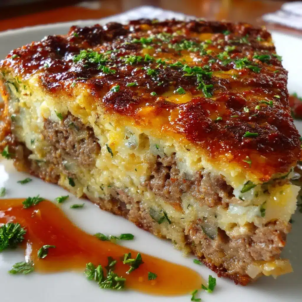 Pastel de carne jugoso recién horneado en un molde con salsa de tomate por encima