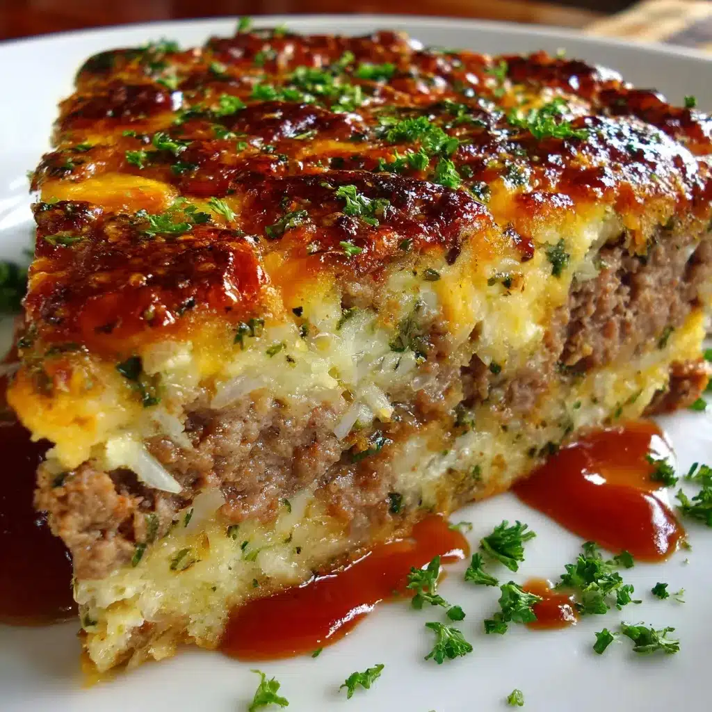 Pastel de carne jugoso recién horneado en un molde con salsa de tomate por encima