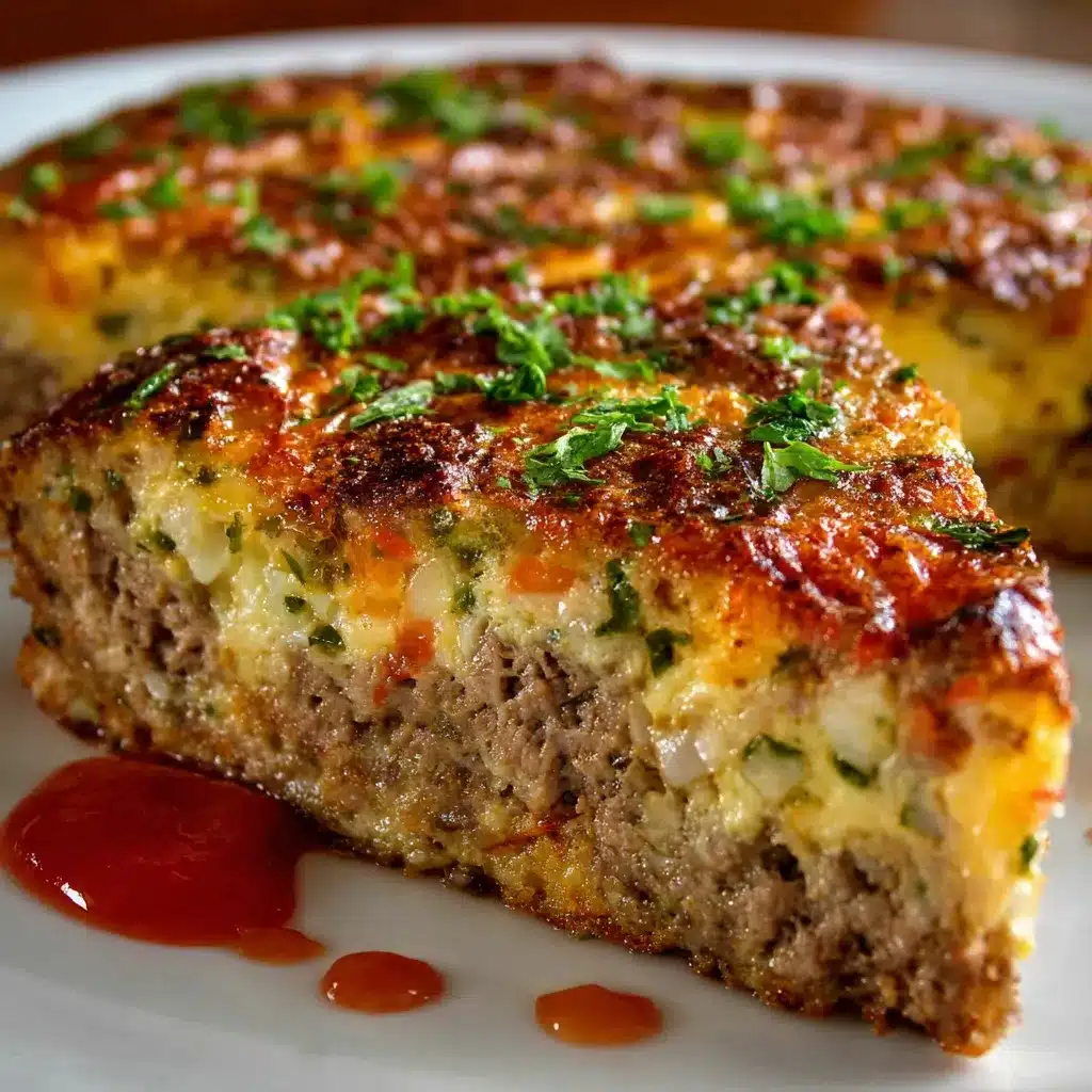 Pastel de carne jugoso recién horneado en un molde con salsa de tomate por encima