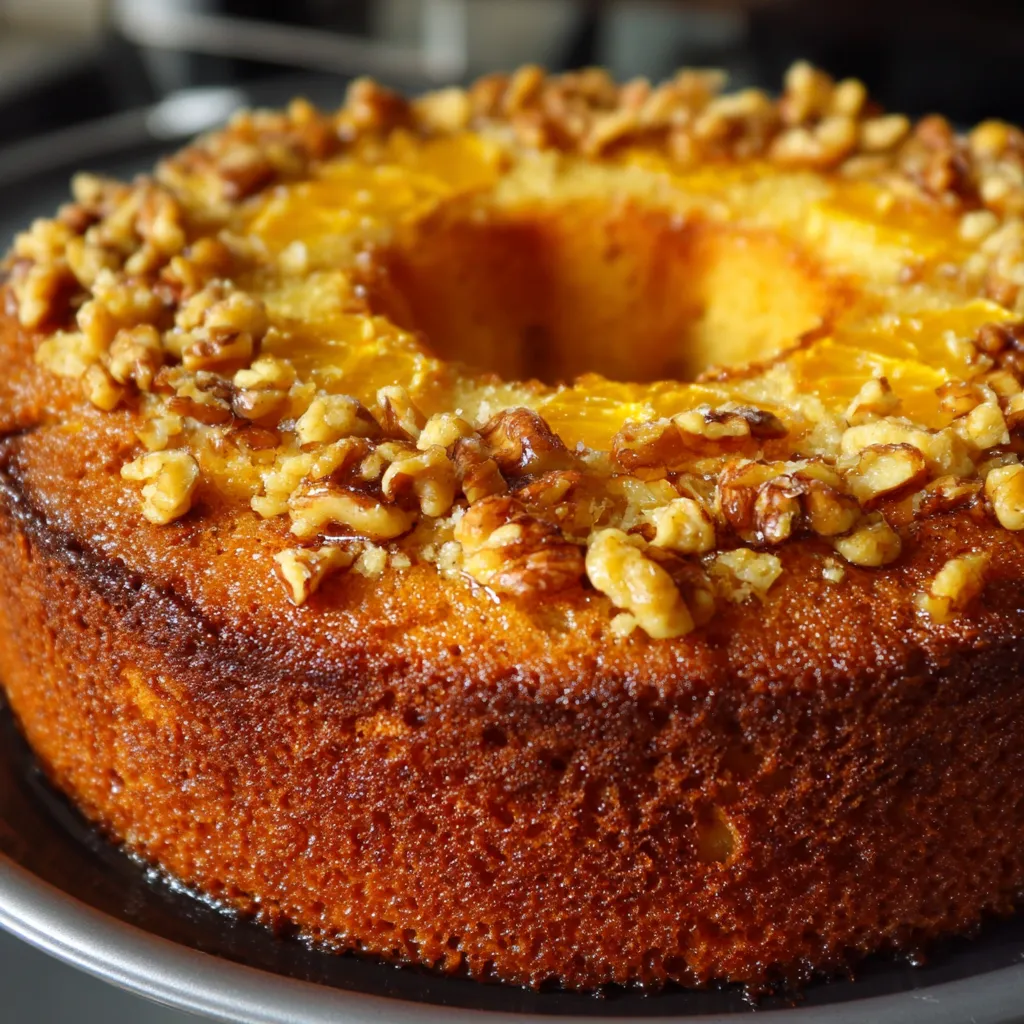 Pastel de naranja casero con nueces troceadas recién horneado sobre una rejilla