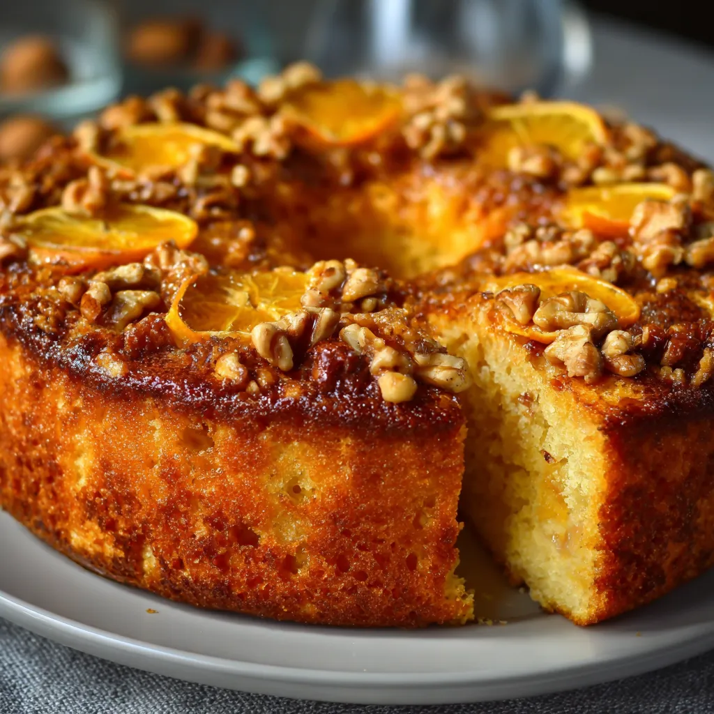 Pastel de naranja casero con nueces troceadas recién horneado sobre una rejilla