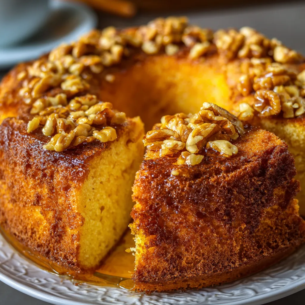 Pastel de naranja casero con nueces troceadas recién horneado sobre una rejilla
