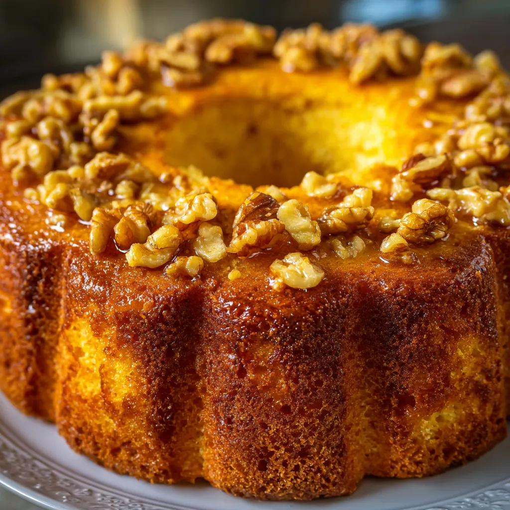 Pastel de naranja casero con nueces troceadas recién horneado sobre una rejilla