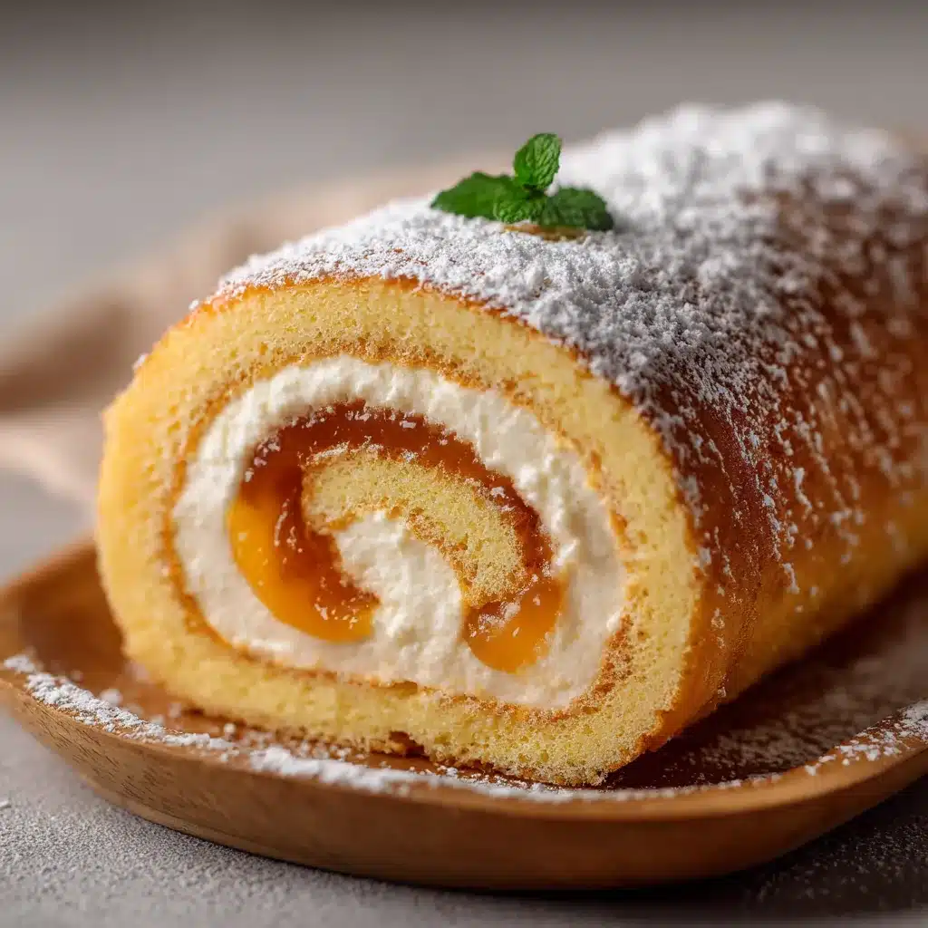 Pionono casero recién horneado, enrollado y relleno con mermelada de durazno sobre paño blanco