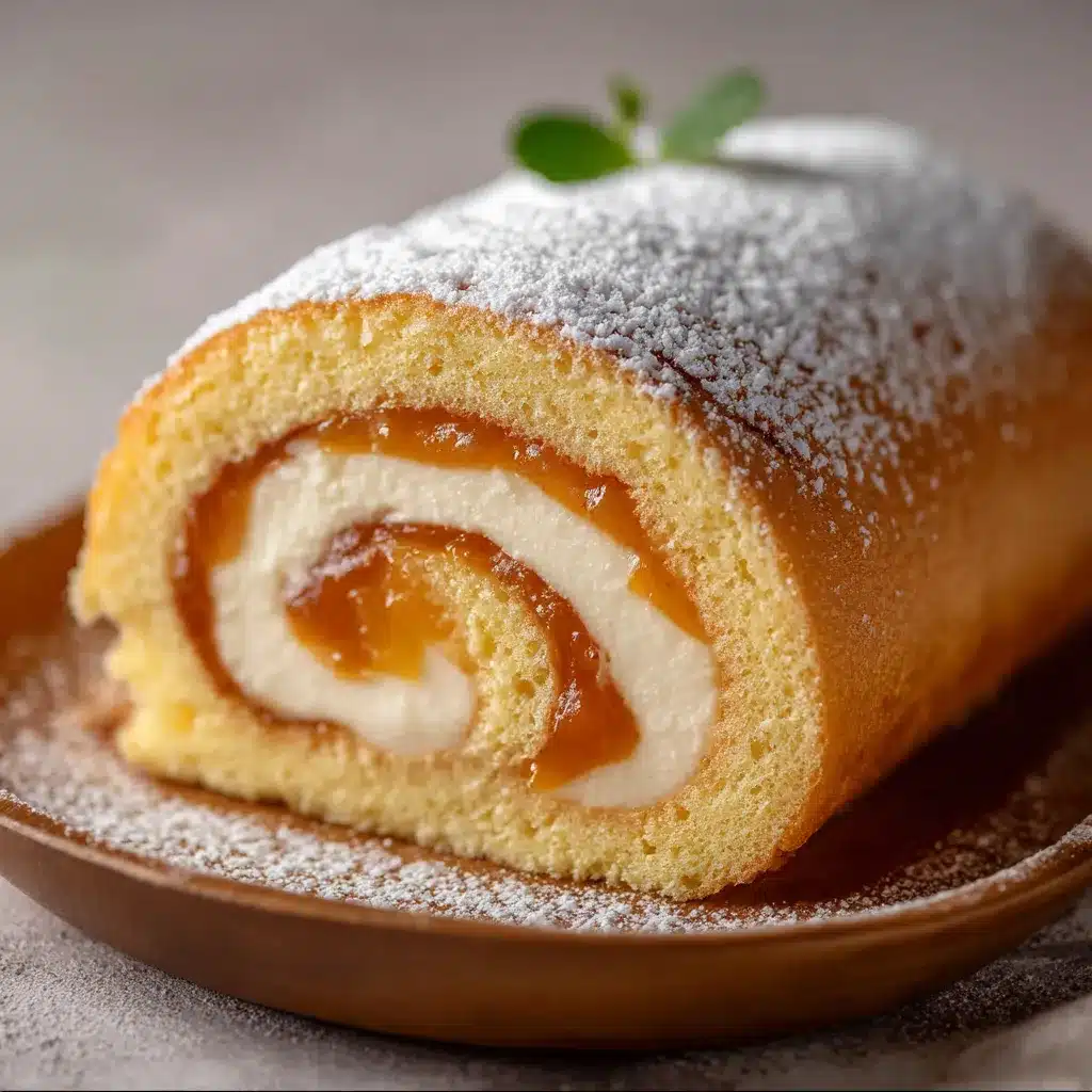 Pionono casero recién horneado, enrollado y relleno con mermelada de durazno sobre paño blanco