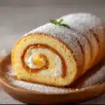 Pionono casero recién horneado, enrollado y relleno con mermelada de durazno sobre paño blanco