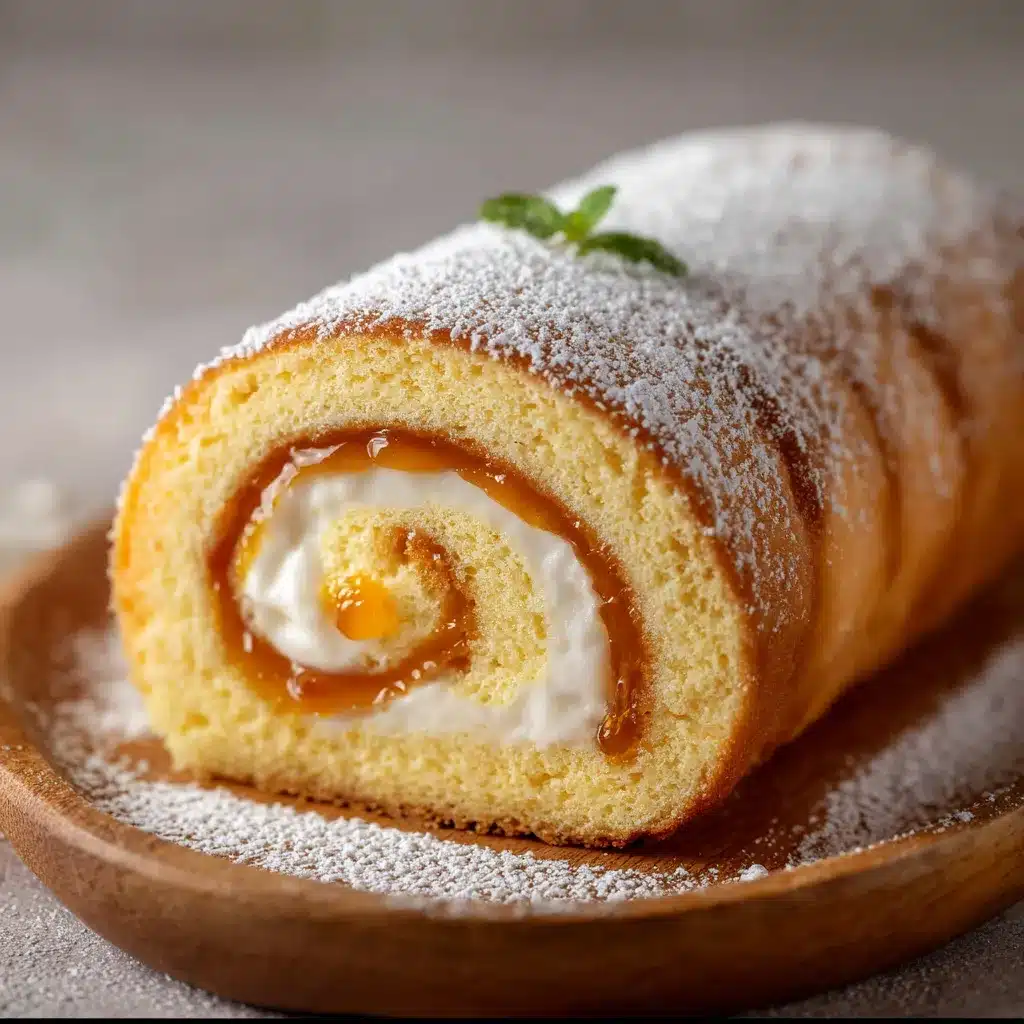 Pionono casero recién horneado, enrollado y relleno con mermelada de durazno sobre paño blanco