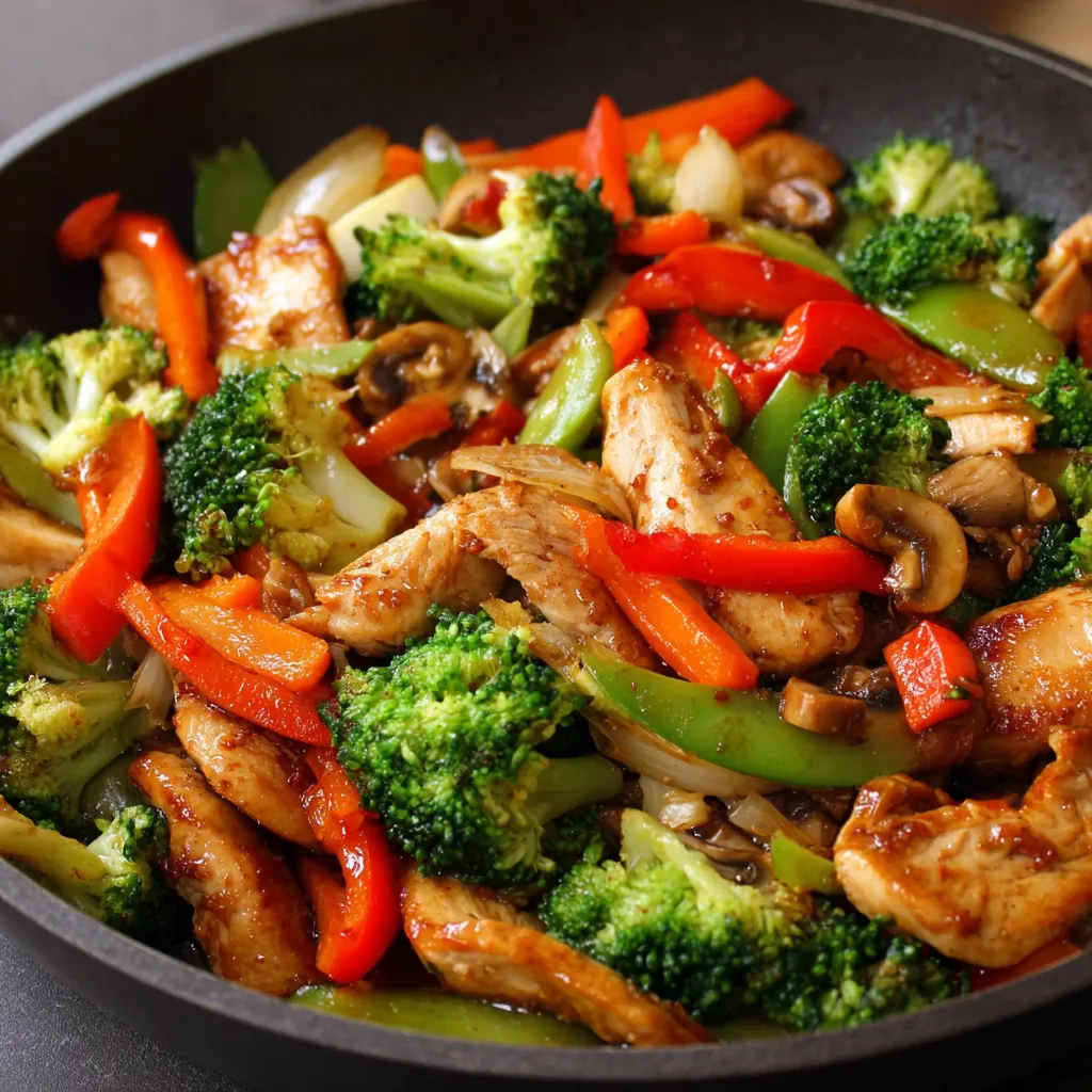 Pollo con verduras al estilo oriental salteado en wok con salsa de soja y vegetales frescos