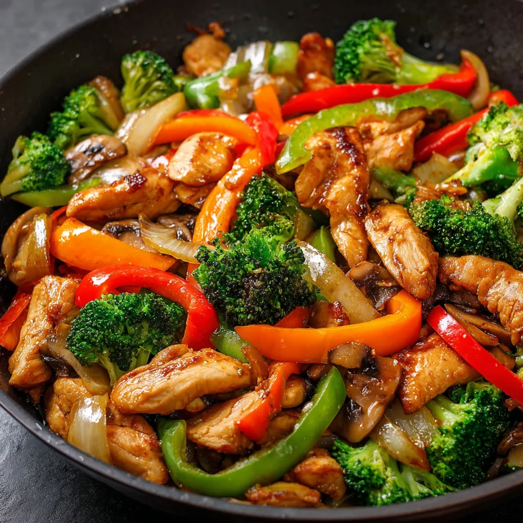 Pollo con verduras al estilo oriental salteado en wok con salsa de soja y vegetales frescos